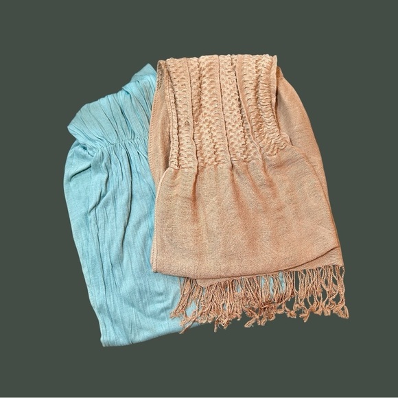 2 WOMENS SCARF WRAPS IN TURQUOISE & TAN. - Picture 2 of 9